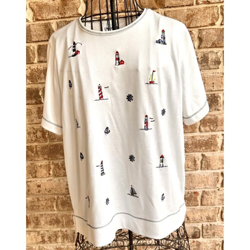 VTG Bonworth Nautical Top Sz M? White LIghthouses Sailboat Anchor Ships …